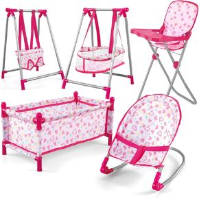 deAO Kids Deluxe 5 -in-1 Baby Doll Pretend Play Set with Cot Bed, Bouncer, Adjustable Swing Seat and High Chair Accessories Included (Doll Not Included)…