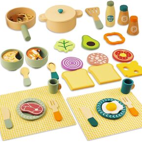 Wooden Kids Play Kitchen Accessories, Wooden Pots and Pans for Play Kitchen, Pretend Play Toys, Wooden Play Food Set, Kitchen Playset Accessories for Boys and Girls 3 4 5 6