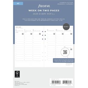 Filofax Calendar Diary Refill, A5 Size, Week-to-View with Appointments, Minimal Diary Pack, Vertical, White Paper, Multilingual: Five Languages, 2025 (C68593-25)