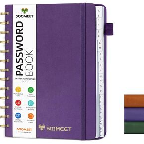 Spiral Password Book with Alphabetical Tabs, 5x7 inch Password Keeper Logbook for Internet Website Log in Detail, Password Organizer for Home or Office, Hardcover - Purple