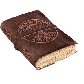 Leather Journal-Leather Bound Journal for Him Her-Leather Sketchbook - Bound Round Tree of Life Vintage Old Paper Deckle Edge 200 Pages Journal Blank Notebook-Handmade 7x5 Inch