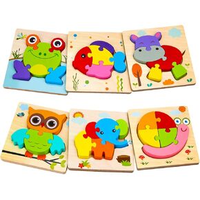SKYFIELD Wooden Animal Puzzles for 1 2 3 Years Old Boys Girls, Toddler Educational Developmental Toys Gift with 6 Animals Baby Montessori Color Shapes Learning Puzzles