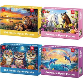 4-Pack Puzzles for Kids Ages 6-8 8-10 Year Old - Lions Horses Owls Dolphins, Large Piece Puzzles for Seniors, 100 Pieces Jigsaw Puzzles for Kids Ages 4-6, Learning Educational Toys for Boys and Girls