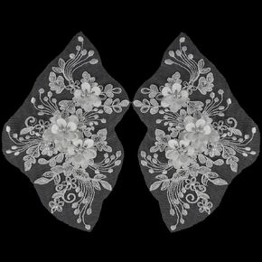 2 Pcs Flower Pearl Embroidery Lace Patches 3D Sew On Floral Appliques for Wedding Dress Custome Clothing Accessories, White Color