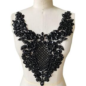 Handmade rhinestones lace applique handsewing beads patches trimming for dress clothing skirt neckline accessories (Black)