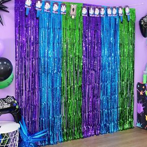 Mega-L for Night Video Games Theme Birthday Decorations,2Pack Purple, Blue and Green 3.3x6.6ft Each Foil Fringe Curtains for Game Fans Party Supplies Birthday Party Decor