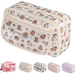 Cute Kawaii Pencil Case Pouch Cartoon Pen Box Holder Organizer for Office Workspace Supplies Desk Accessories Travel Essentials Aesthetic Trendy Cool Stuff Gift Large Capacity (White Kapibala)