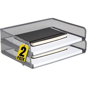 Stackable Side Load Letter Tray, Silver Wire Metal Mesh Paper Tray Organizer, "2 Trays"