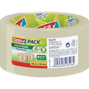Tesapack Eco & Strong - شريط تعبئة صديق للبيئة مصنوع من البلاستيك المعاد تدويره 100 ٪ ، مقاوم للأشعة فوق البنفسجية ومقاومة للعمر - شفاف - 66 م × 50 مم