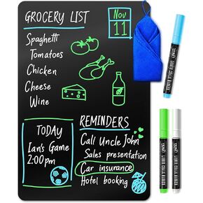 Magnetic Black Dry Erase Board for Fridge (12 x 8 inch), Stain-Resistant w/ 3 Magnetic, Fine-Tip Neon Chalk Markers & Eraser by Yes4Quality