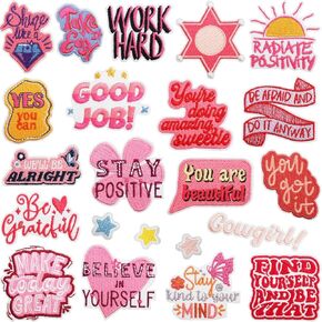 22Pcs Positive Affirmations Iron on Patches Hippie Style Decorative Sew on Embroidered Patches Appliques Inspirational Words DIY Arts Crafts Decoration Embroidered Patches for Clothing Jeans Cap Bag