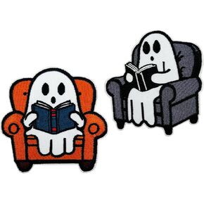 2 Pack Funny Ghost Reading Books Embroidered Iron on Patches, Gifts for Book Lovers, World Book Day Gifts