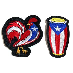 Puerto Rico Flag Patches Combo – Congo Drum and Puerto Rican Rooster Iron-On Patches – Stylish Clothing Accessories for Boricua Pride