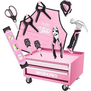 WORKPRO Pink Real Tool Set for Kids with 12 Inch Mini Steel Tool Box with Wheels, 10PCS Kids Real Tools with 2 Drawers Desk Metal Rolling Tool Chest, Children's Tool Kit for Home DIY- Pink Ribbon