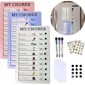 3Pcs Chore Chart for Kids Magnetic Board, Dry Eraser Checklist to Do List ADHD Tools with Cute Stickers for Fridge,Home, White Reusable Task Schedule Board with Slider and Magnetic Marker