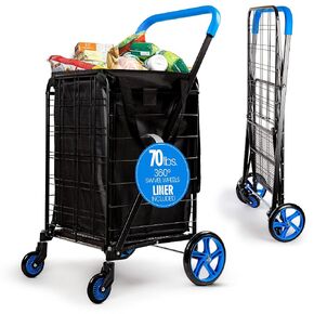 SereneLife Small Foldable Shopping Cart with Cart Liner - 17.72" x 21" x 36.6" Collapsible Grocery Cart with 70 lbs. Capacity, Removable and Weatherproof Cart Liner, 360° Swivel Wheels (Black)