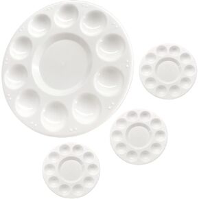 4 Pcs Round Paint Palettes, White Plastic Paint Palettes with 11 Wells, 6.7 Inch Paint Tray Palettes for Oil, Watercolor Paint