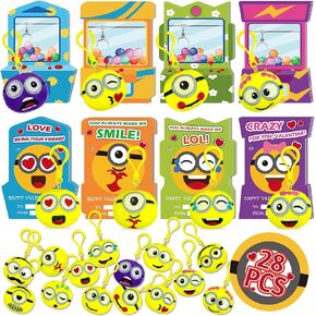 Valentines Plush Keychain - 28 PACK Expression Face Plush Keychain with Claw Machine Valentines Day Cards, Funny Valentine Exchange Cards for School Classroom, Valentines Day Gifts for Kids
