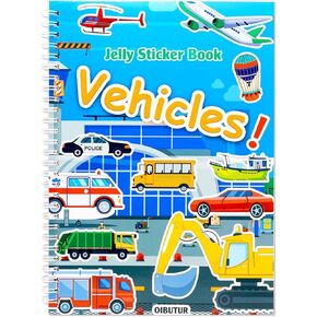 Jelly Sticker Book for Kids 2-4 Travel Essentials, Reusable Sticker Book + 8 Scenes + 2 Matching Games + 42 Large Vehicles Stickers for 1-3 Toddler Activities (Vehicles)