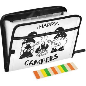 File Folder Cute Gnomes Campers Expandable Filing Box Summer Campfire Accordian File Organizer Expanding 13 Pocks Documents Storage Organization with Zipper & Labels for A4 Paper Letter Size