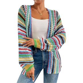 SHENHE Women's Open Front Hollow Out Colorful Striped Soft Knit Lightweight Cardigan Sweater