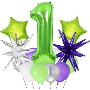 Green Birthday Party Balloons, 40 Inch Green Number 1 Balloon, Toy Themed Birthday Decoration, Green Purple White Silver Latex Balloons for Boy’s Birthday Party (Green 1)