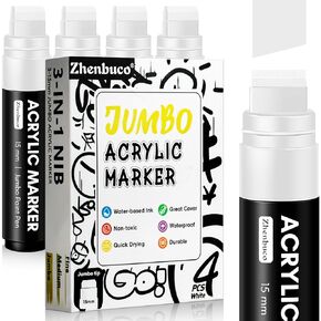 4 PCS White Jumbo Permanent Markers - 15mm Wide Tip Thick Acrylic Paint Pen, Large Calligraphy Acrylic Paint Markers for Rock Painting, Poster, Canvas, Sign, Glass, Wood, Metal, Ceramic