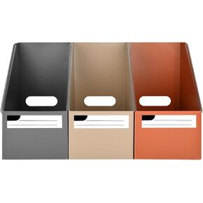 SAYEEC Plastic Magazine File Holder, 3 Pack Foldable Folder Holder with Labels, Vertical File Paper Organizer Magazine Storage Box Rack Book Bins for Desk (3 Colors (Coffee, Khaki, Orange))