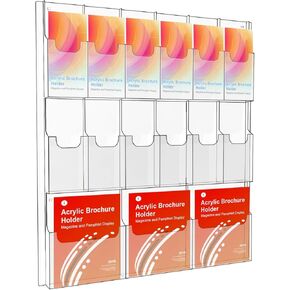 Acrylic Brochure Holder Wall Mount, Magazine and Pamphlet Display, Clear Literature Organizer Rack for 12 Pamphlets and 3 Magazines, Flyer Pamphlet Holder with Business Card Holders and Index Tabs