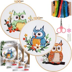 COCOMOX 3 Sets Embroidery Kit, Hand Embroidery Stiches Practice Kit for Beginners Adults, Owl Embroidery Kit Craft Lover Hand Stitch with Embroidery Skill Techniques