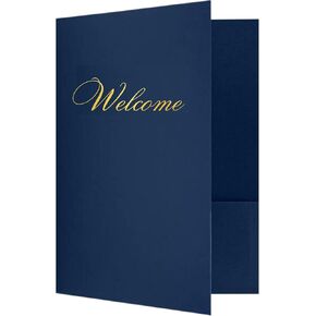 Welcome Packet Folders Dark Blue Linen Full Size with Two Pockets | 25 pk 9x12" Gold Foil Membership, Church, Team, New Hire, Visitors Business Card Insert HR Professional