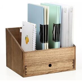 KIRIGEN Wood Desk File Organizer Mail Sorter Desktop File Holder 4 Compartments Mail Organzier with Drawer for Office Home School File Folder Holder 4KWJJ-DBR