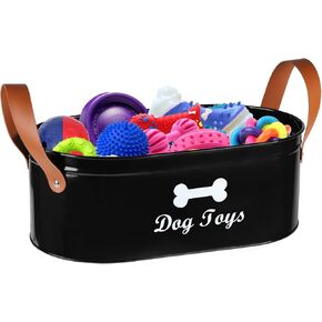 Metal Dog Toy Bin,Dog Toy Basket with Handles,Dog Toy Box for Dog Chew Toys/Leashes/Snacks/Grooming Supplies,Powder-Coated Galvanized Steel Dog Bin-Sturdy and Chewproof-Black