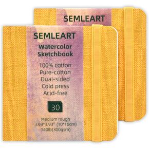 SEMLEART Watercolor Journal - Compact & Portable, 2 Pack, 3.93x3.93" 30 Pages Each, Cold-Pressed, 140lb/300gsm - Ideal for Sketching and Watercolor Painting on The Go (Orange)