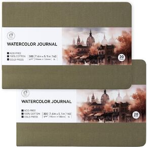 Lightwish Watercolor Sketchbook, 100% Cotton Cold Press Art Supplies Watercolor Paper Journal 7.6 * 5.1In, 2 Pack 40 Sheets (140lb/300gsm), Acid-Free for Watercolors, Gouache, Acrylics