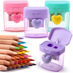 Heart Pencil Sharpeners Bulk Colored Pencil Sharpener Handheld Cute Pencil Sharpener Manual Green Purple Pink Pencil Sharpener with Cover 2 Holes Small Pencil Sharpener for Classroom Office Supplies