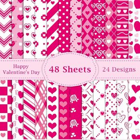 48PCS Valentine's Day Pattern Scrapbook Paper 12X12inch Rose Red Pink Heart Love Specialty Craft Paper 24 Styles Decorative Cardstock Paper Folded Flat DIY Card Making Photo Album Decorations Supplies