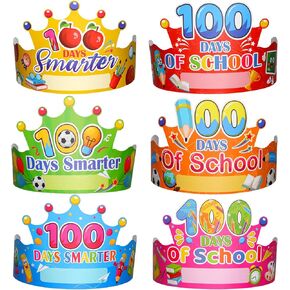HOWAF 100 Days of School Paper Crowns, 36pcs 100 Days Smarter Party Hats for Kids Party Favors, Hooray 100 Days of School Paper Hats for Kindergarten Pre-school Primary Costume Dress Up
