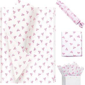 Pineraap 20 Sheets Pink Bow Tissue Paper, Cute Bow Knot Gift Wrap Tissue Paper Large Decorative Art Paper for Coquette Birthday Party Wedding Gift Packing DIY Crafts, 19.7 x 27.6 Inch