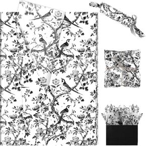 100 Sheets Blue Floral Bird Tissue Paper, 20'' x 14'' Chinoiserie Floral Bird Pattern Gift Wrapping Tissue for Birthday Wedding Party Bridal Shower Gift Decoration (Black)