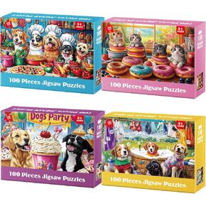 4-Pack 100 Piece Puzzles for Kids Ages 6-8 8-10 Year Old Large Piece Puzzles for Seniors 100 Pieces Jigsaw Puzzles for Kids Ages 4-6, Learning Educational Toys for Boys and Girls- Dogs Kittens Donuts