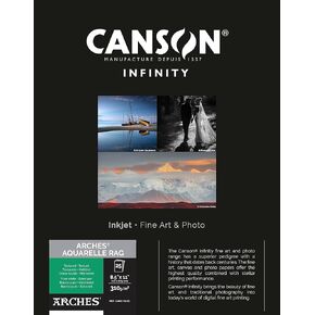 Canson Infinity Arches Aquarelle Rag Textured Pure White Matte Inkjet Paper, 310gsm, 8.5x11", 25 Sheets