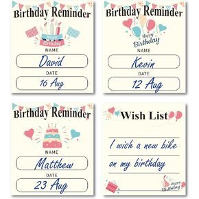 4 Pack Birthday Reminder Magnet,Birthdays to Remember,Magnetic Birthday Planner with Lovely Design, Dry Erase Birthday Calendars,Birthday Tracker for Boys Girls Adults（4.5 * 5inch）