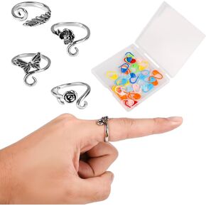 lasuroa 4pcs Crochet Ring for Finger, Butterfly Rose Lotus Angel Wing Yarn Tension Rings with 30 Crochet Paper Clips Crochet Tension Loop Rings for Crocheting Knitting Daily Decoration