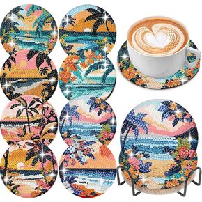 Ekuxom 8 Pcs Diamond Painting Coasters Kits, Diamond Art Coaster Kits, Palm Trees Beach Diamond Art Kits for Adults Coasters, Small Diamond Painting Kits Art Craft Supplies