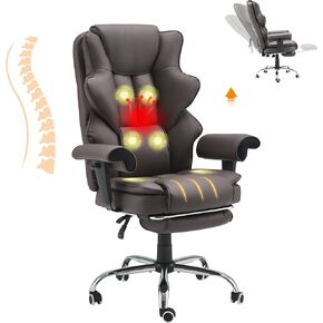 HOMREST 6-Point Massage Office Chair,Heating Executive Chair,Ergonomic Home Office Desk Chair with Retractable Footrest and Reclining Function,Leather Computer Chair with Adjustable Armrest(Brown Red)