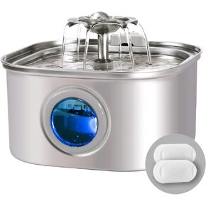 Cat Water Fountain Stainless Steel, 3.2L/108oz Pet Water Fountain with Water Level Window, Automatic Cat Water Dispenser for Drinking Indoor, Dogs, Multiple Pets,5 Replacement Filters & 5 Sponge