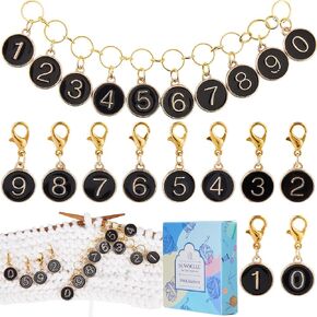 SUNNYCLUE 11Pcs Number 0~9 Stitch Markers Charms Black Knitting Row Counter Chains Alloy Enamel Removable Gold Lobster Clasp Locking Metal Stitch Marker for Crocheting DIY Crafts Handmade Jewelry