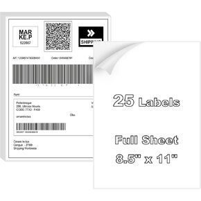 Full Sheet Labels 8.5" x 11" Shipping Address Labels, Printable White Sticker Paper for Laser & Inkjet Printers Self-Adhesive Label [25 Sheets]