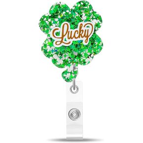 St.Patrick’s Day Lucky Clover Badge Holder,Green Glitter Badge Reel with Star Design Cute Badge Reel with Alligator Clip St.Patrick’s Day ID Name Tag Badge Holder for Nurse Teacher Office Staff